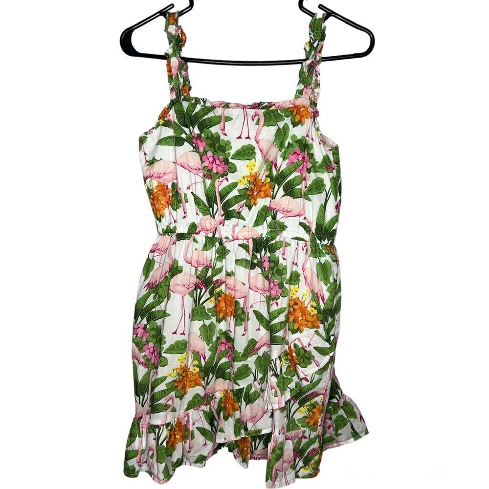 Janie & Jack White/Green/ Pink Flamingo Floral Sun Strap Girls Dress 14